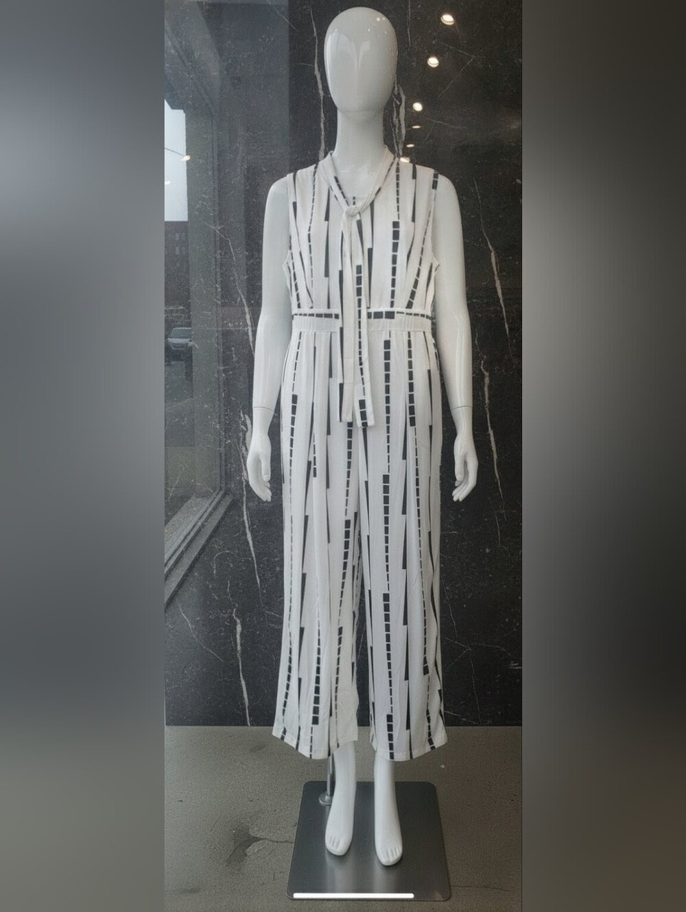 Sleeveless Tie-Neck Wide Leg Jumpsuit in White with Black Stripe